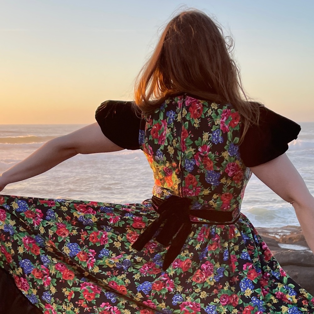 Handmade Gunne Sax Style Vintage Upcycle Homespun Gown Black Floral Print Velvet - Picture 7 of 9